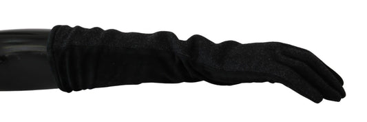 Guantes de lana negros y grises hasta la mitad del brazo