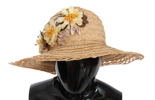 Sombrero capello de ala ancha con estampado floral en beige
