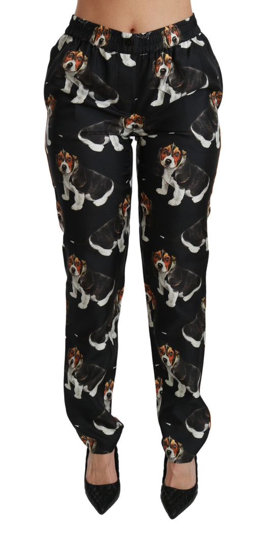 Pantalones ajustados de seda de cintura media con diseño de perrito negro