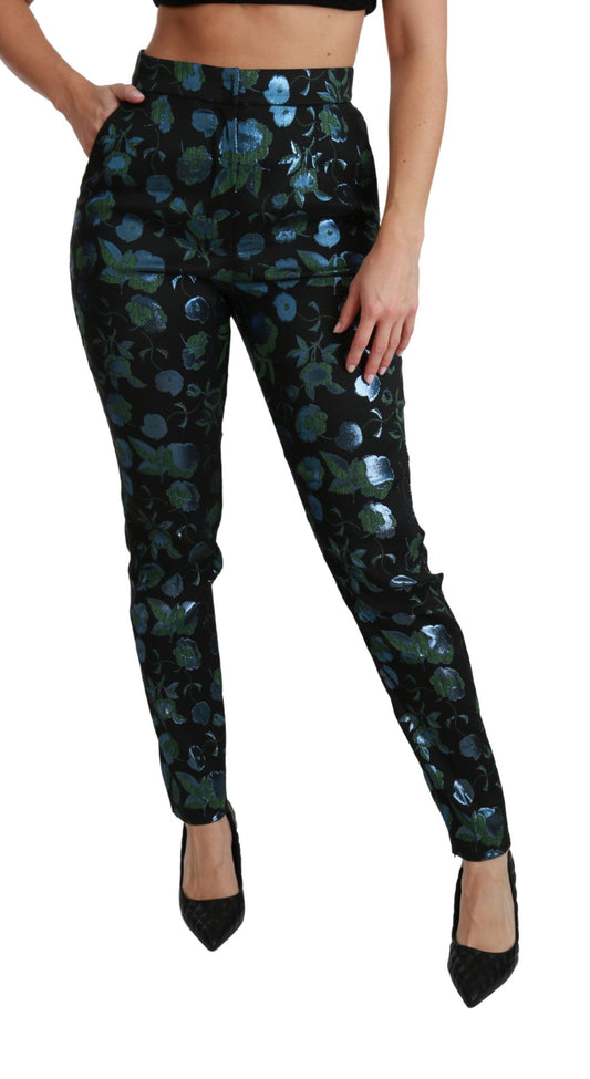 Pantalones ajustados metalizados con estampado floral azul verdoso