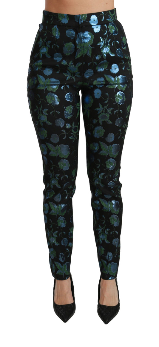 Pantalones ajustados metalizados con estampado floral azul verdoso