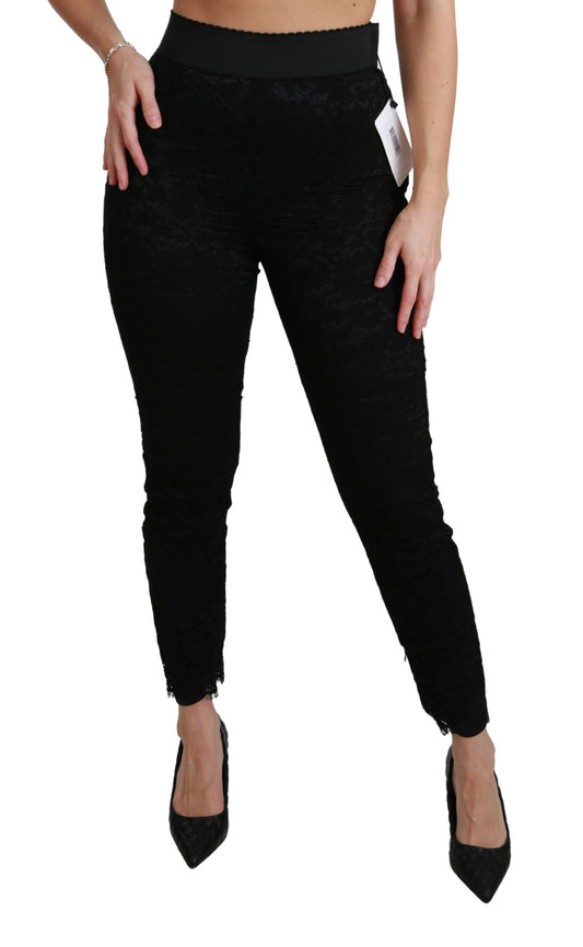 Pantalones de algodón ajustados de cintura alta con encaje negro