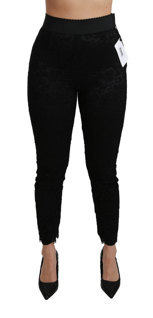 Pantalones de algodón ajustados de cintura alta con encaje negro