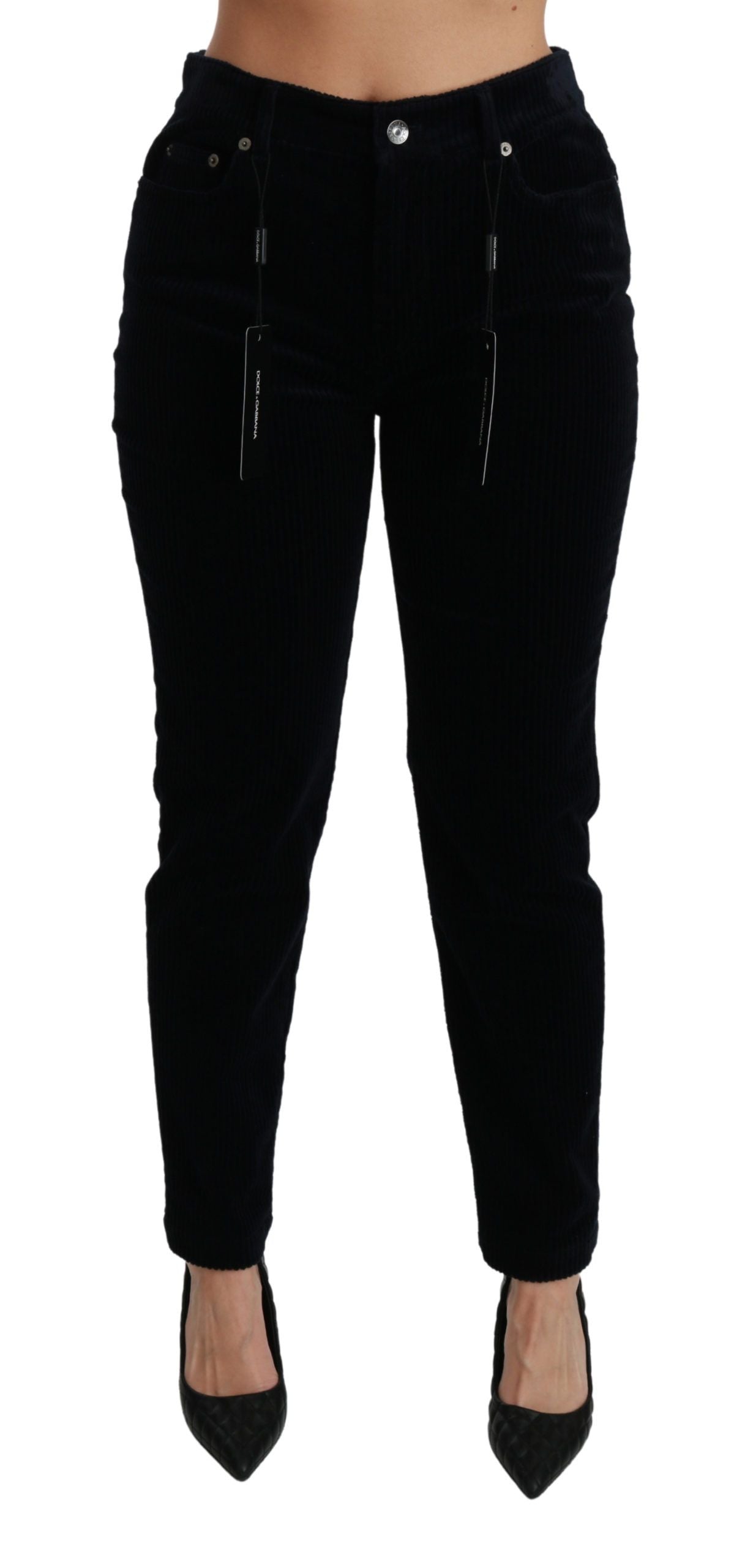 Pantalones vaqueros ajustados de cintura media de pana azul