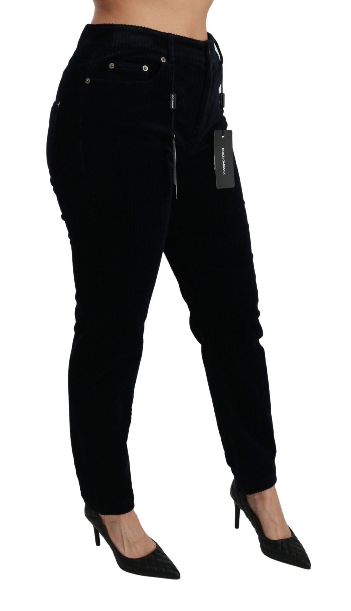 Pantalones vaqueros ajustados de cintura media de pana azul