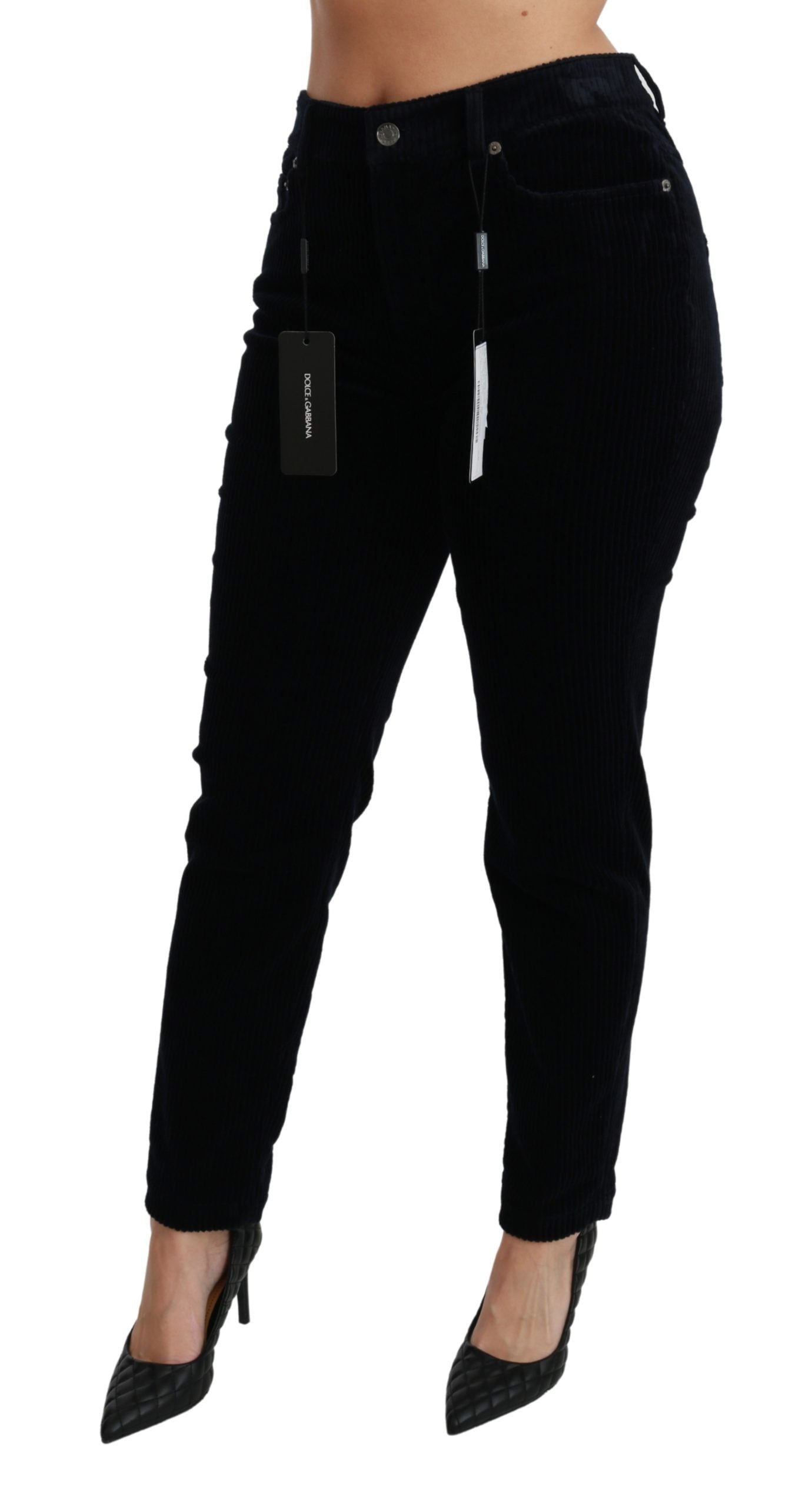 Pantalones vaqueros ajustados de cintura media de pana azul