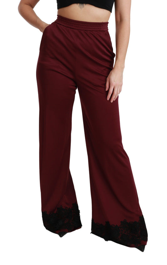 Pantalones de encaje negro de cintura alta y pierna ancha de color granate