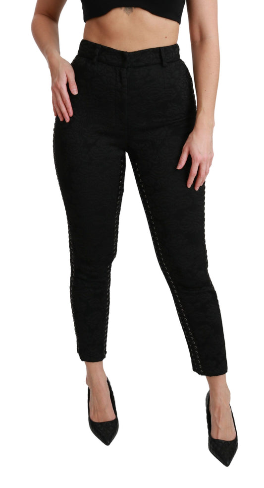 Pantalones ajustados de cintura alta con brocado negro