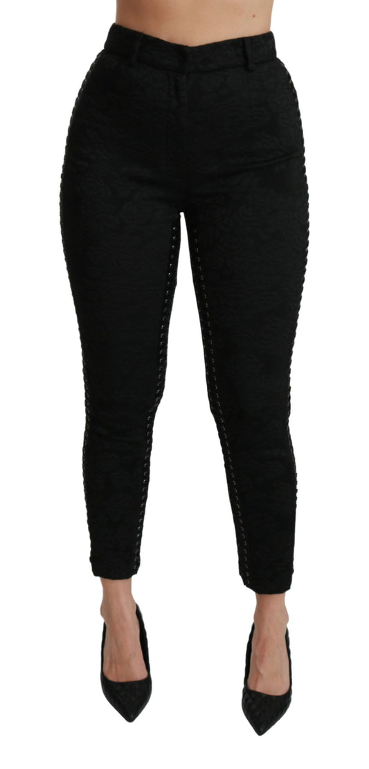 Pantalones ajustados de cintura alta con brocado negro