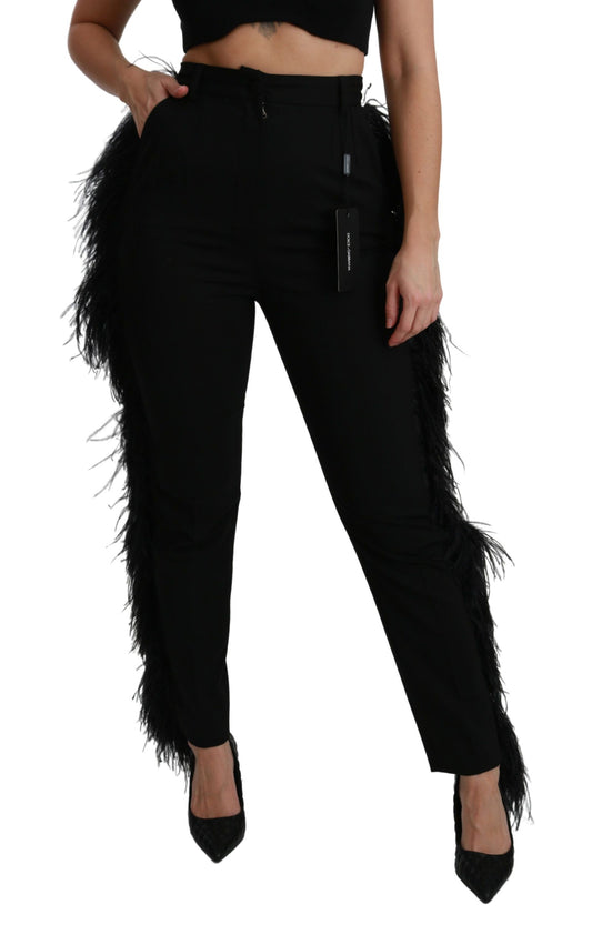 Pantalones rectos de lana de cintura alta con plumas negras