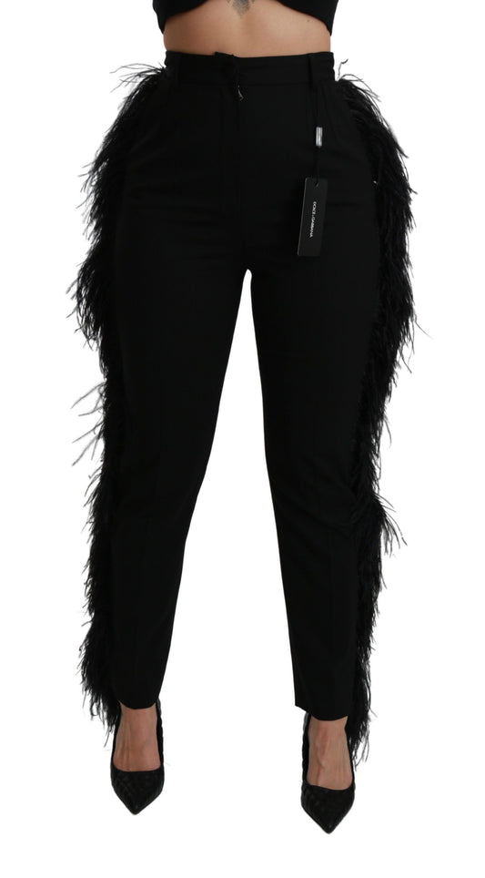 Pantalones rectos de lana de cintura alta con plumas negras