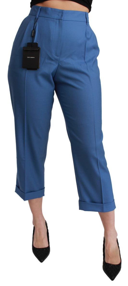 Pantalón capri de lana plisado con puños azules