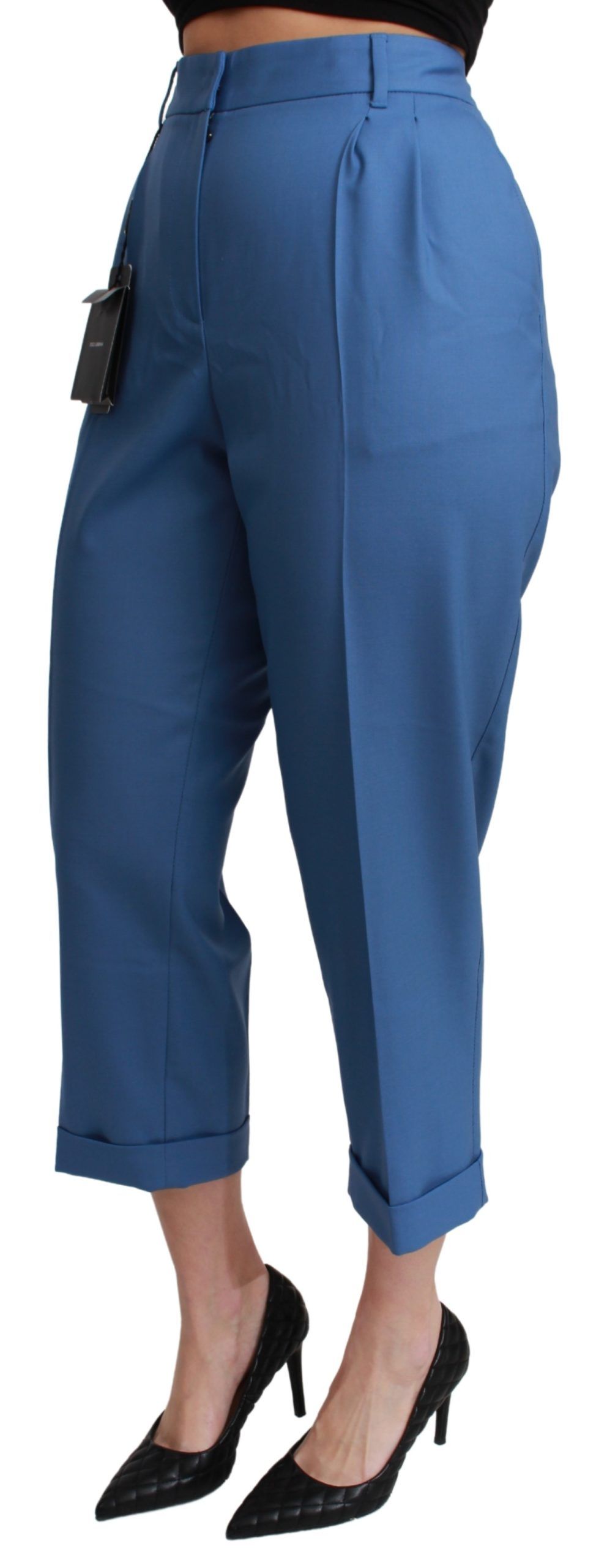 Pantalón capri de lana plisado con puños azules