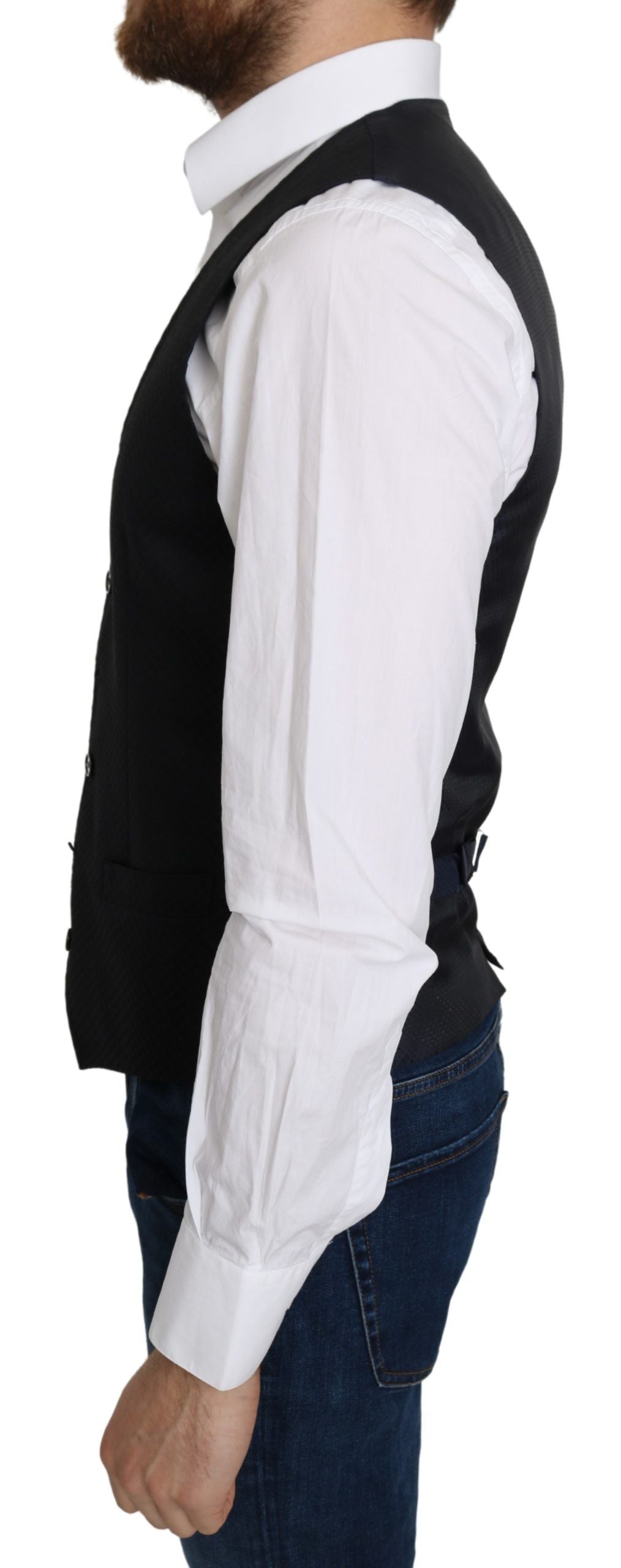 Chaleco formal de seda azul con estampado romboidal