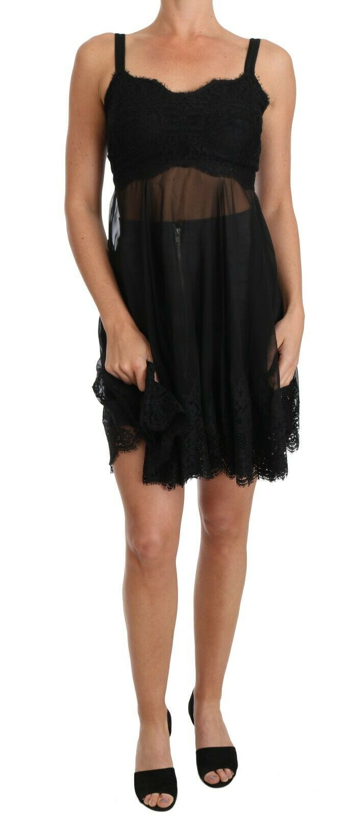 Robe chemise en dentelle de soie noire Lingerie