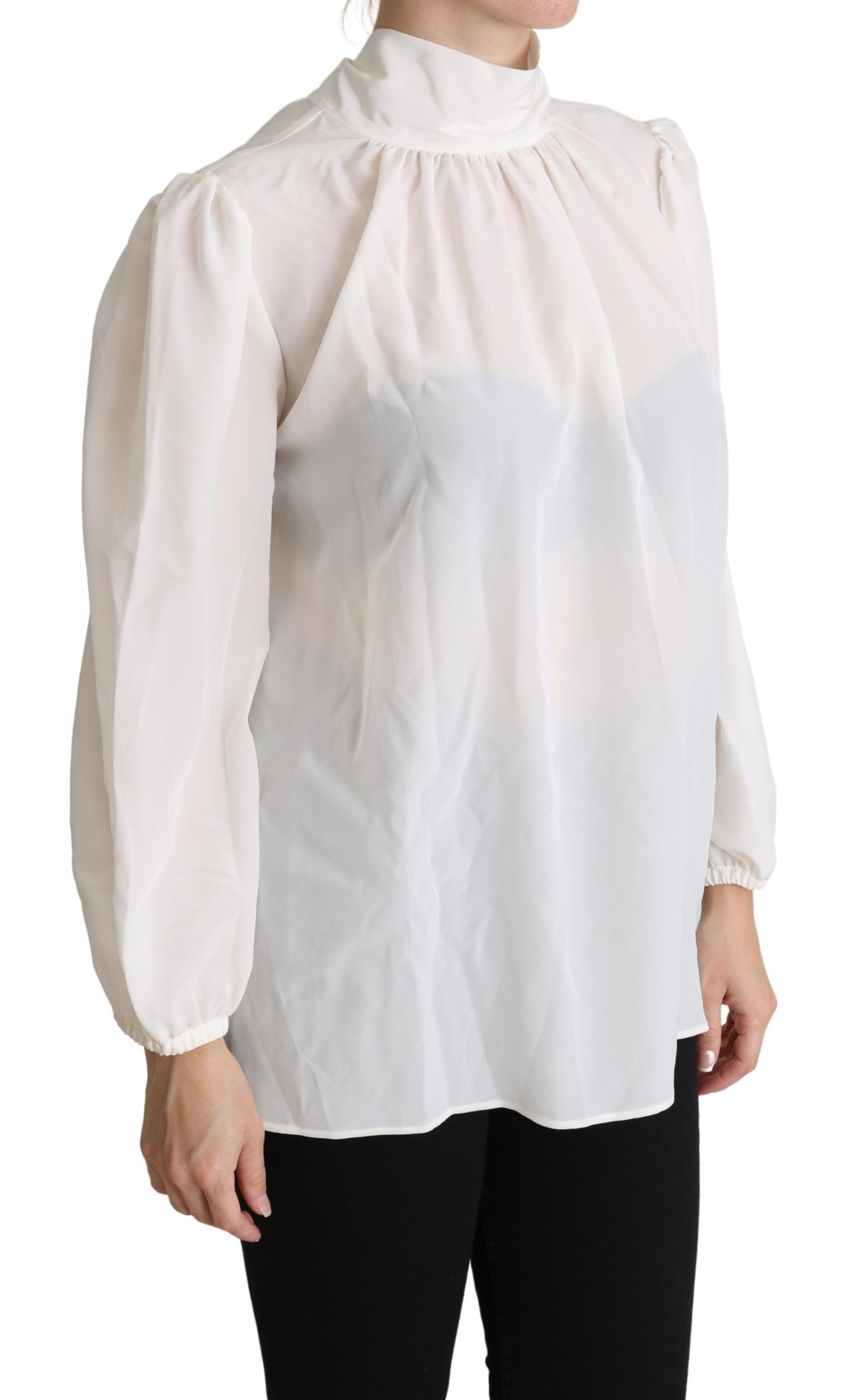 Blusa de manga larga con lazo de seda blanca