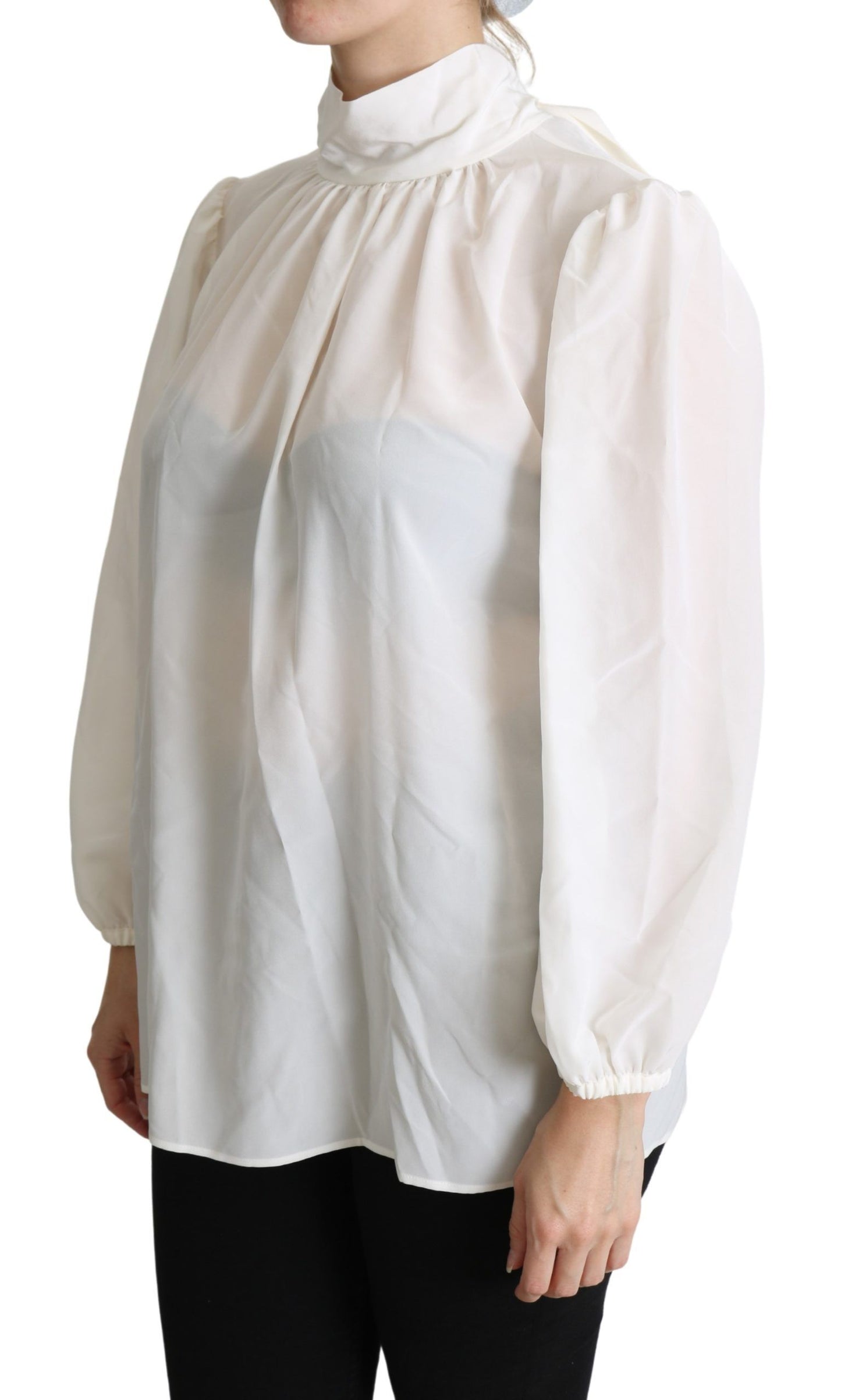 Blusa de manga larga con lazo de seda blanca