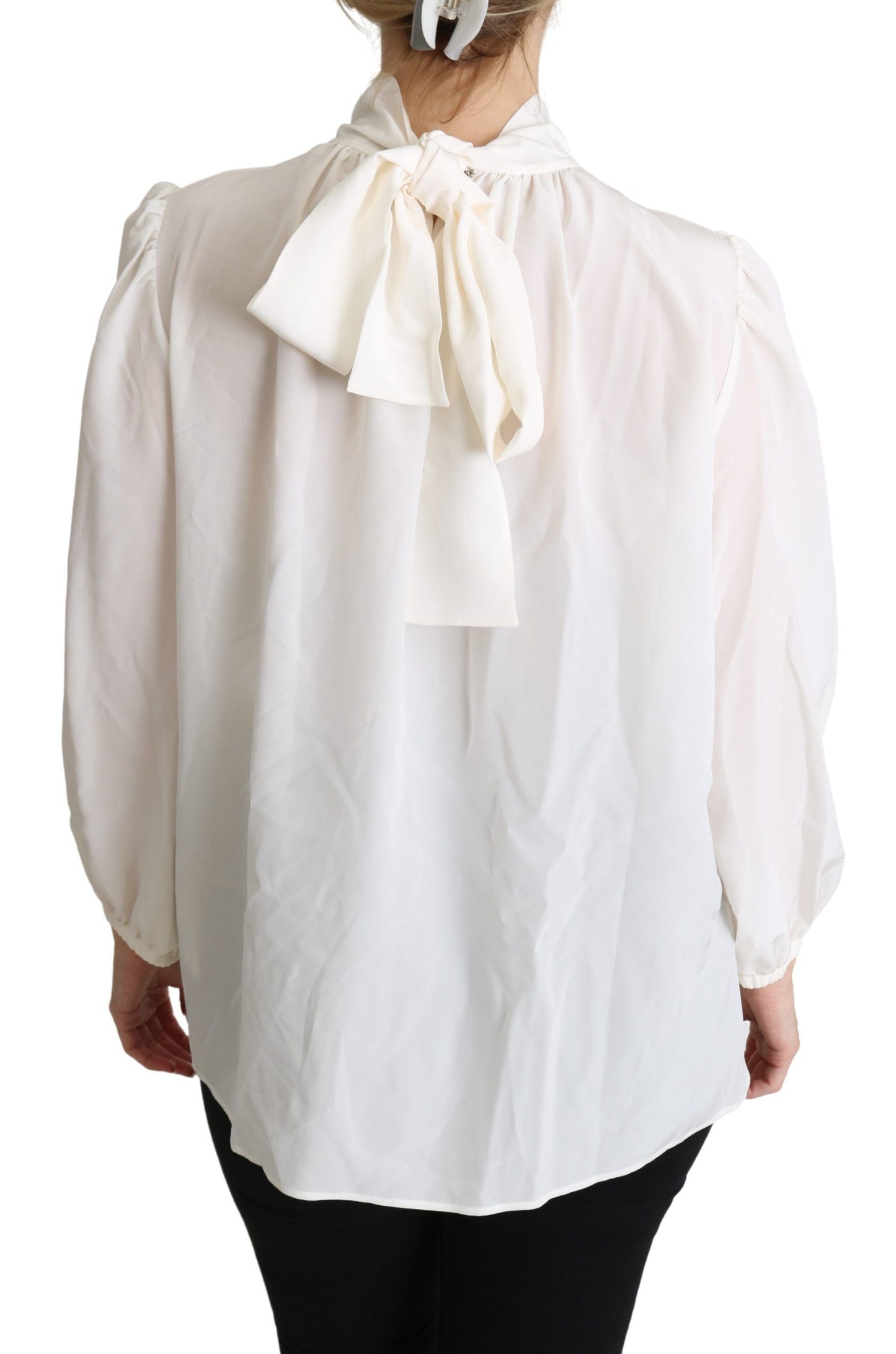 Blusa de manga larga con lazo de seda blanca