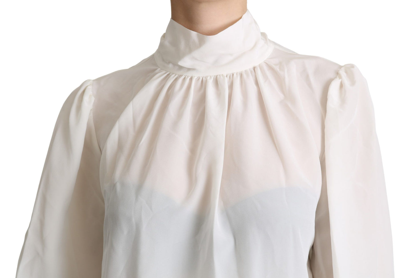Blusa de manga larga con lazo de seda blanca