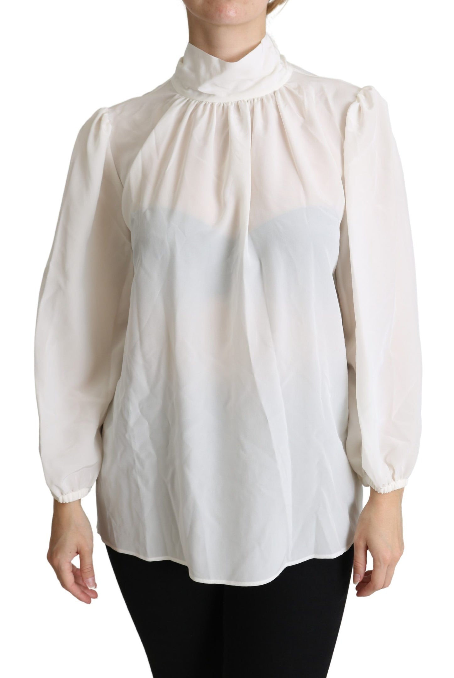 Blusa de manga larga con lazo de seda blanca