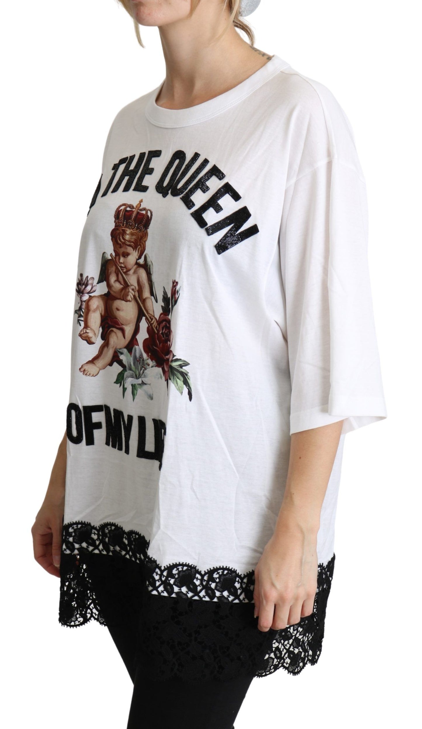 Camisa de algodón con cuello redondo y estampado de ángel blanco