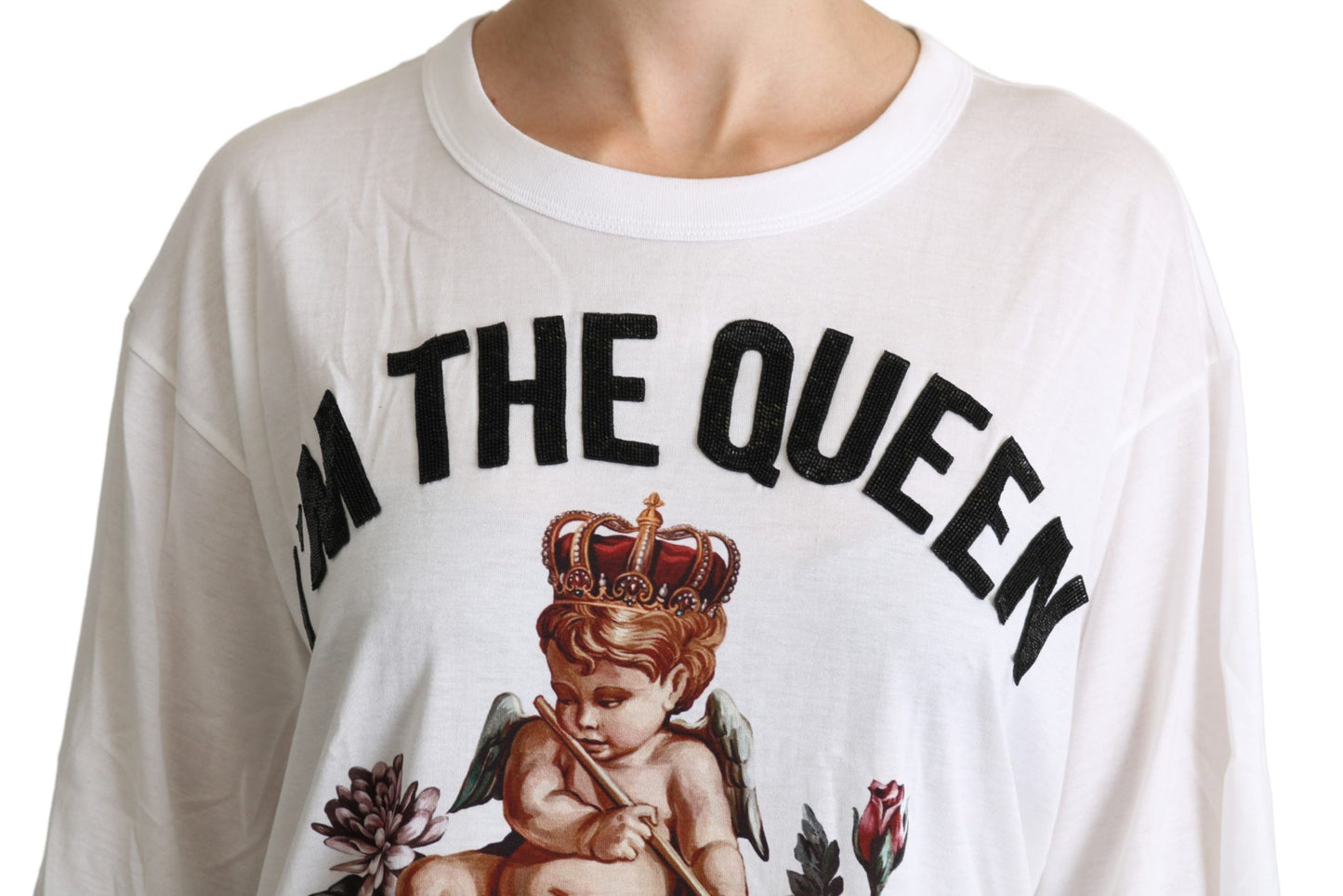 Camisa de algodón con cuello redondo y estampado de ángel blanco