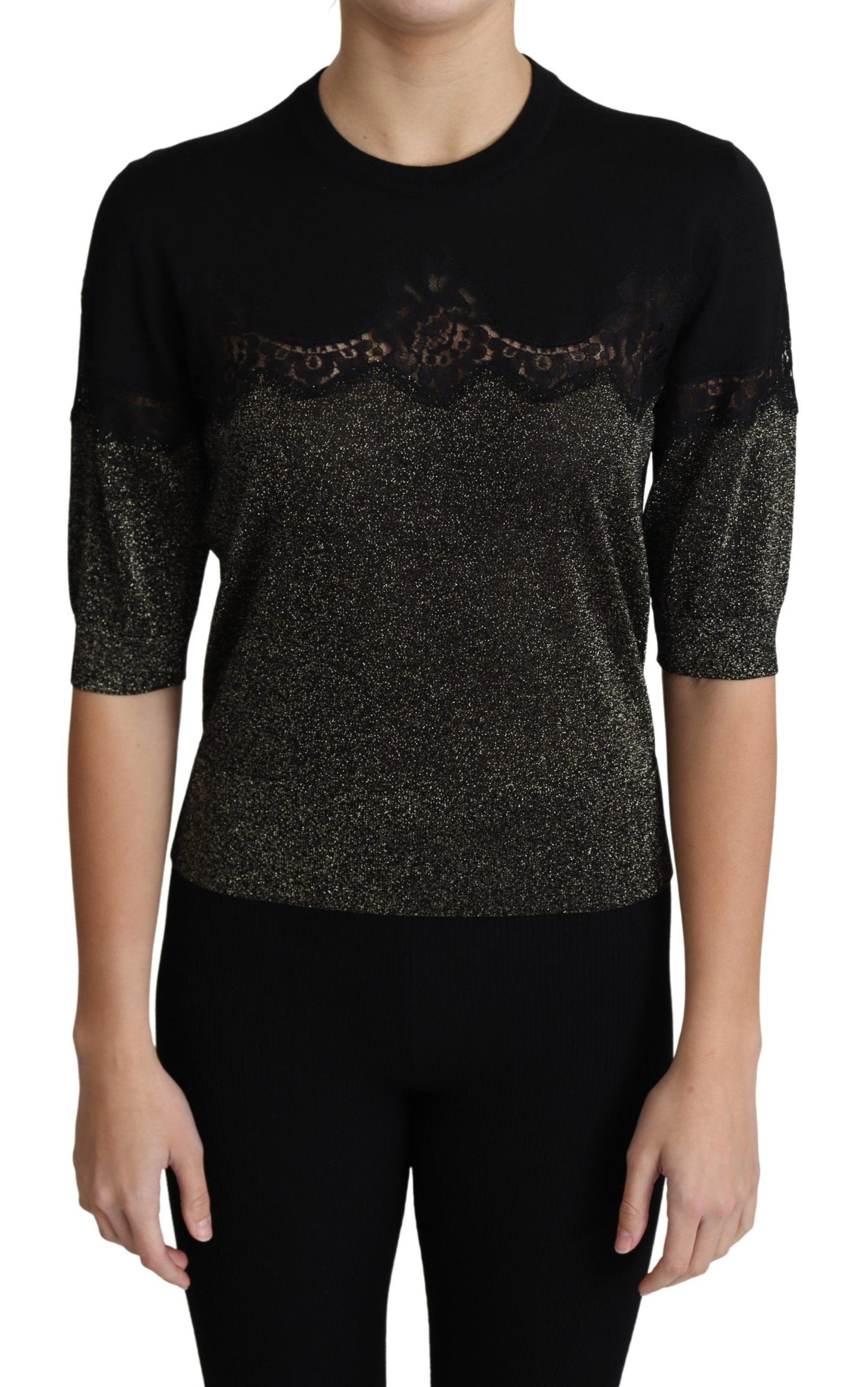 Top tipo jersey con inserción de encaje de lúrex brillante negro