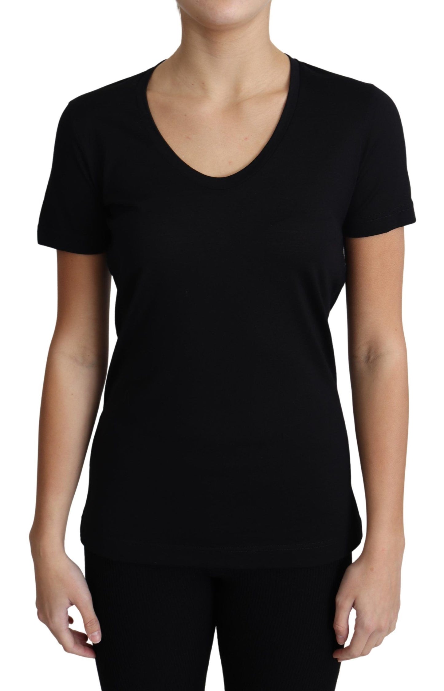 T-shirt noir à manches courtes et col rond en laine