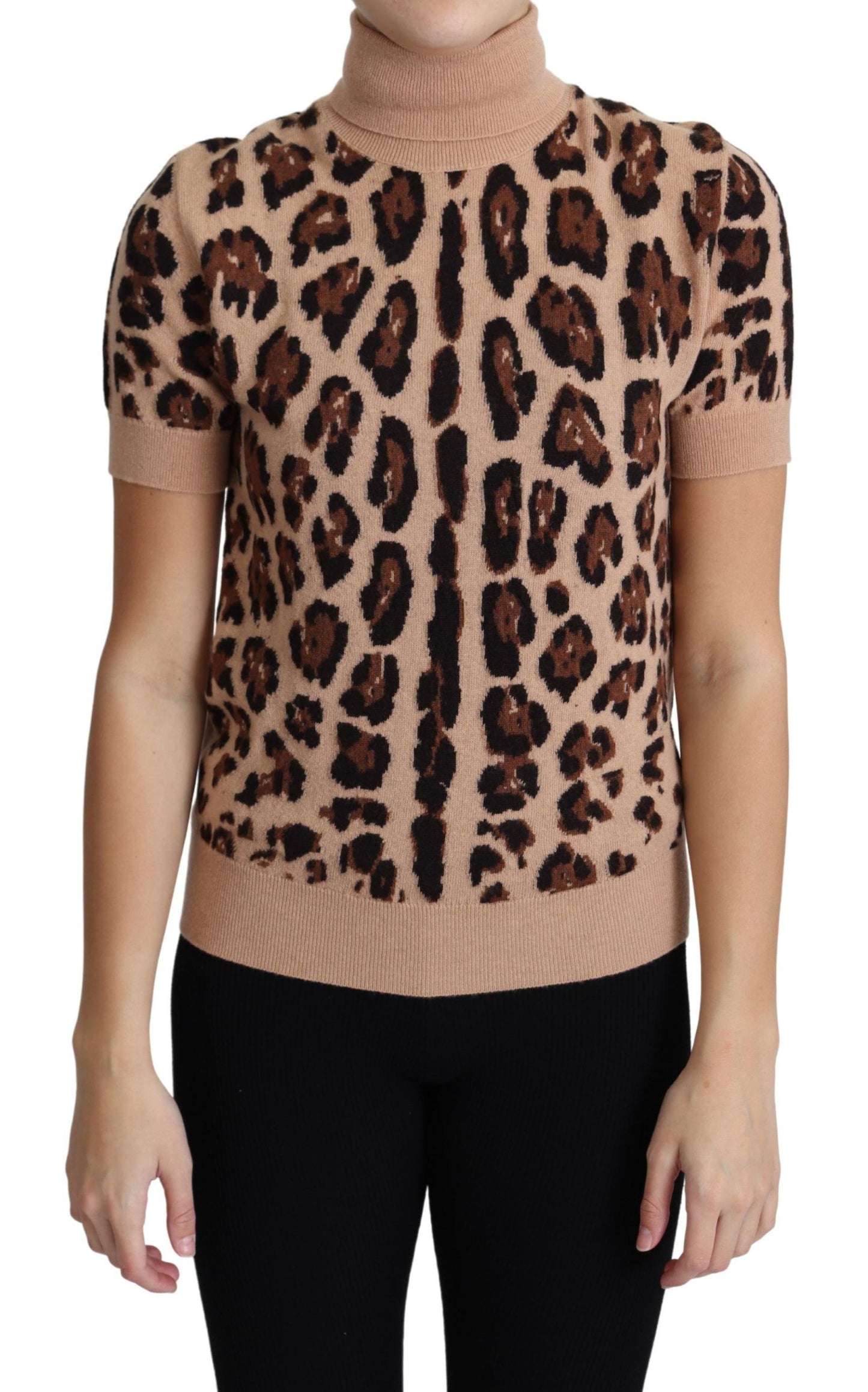 Top de cuello alto de lana virgen con estampado de leopardo beige