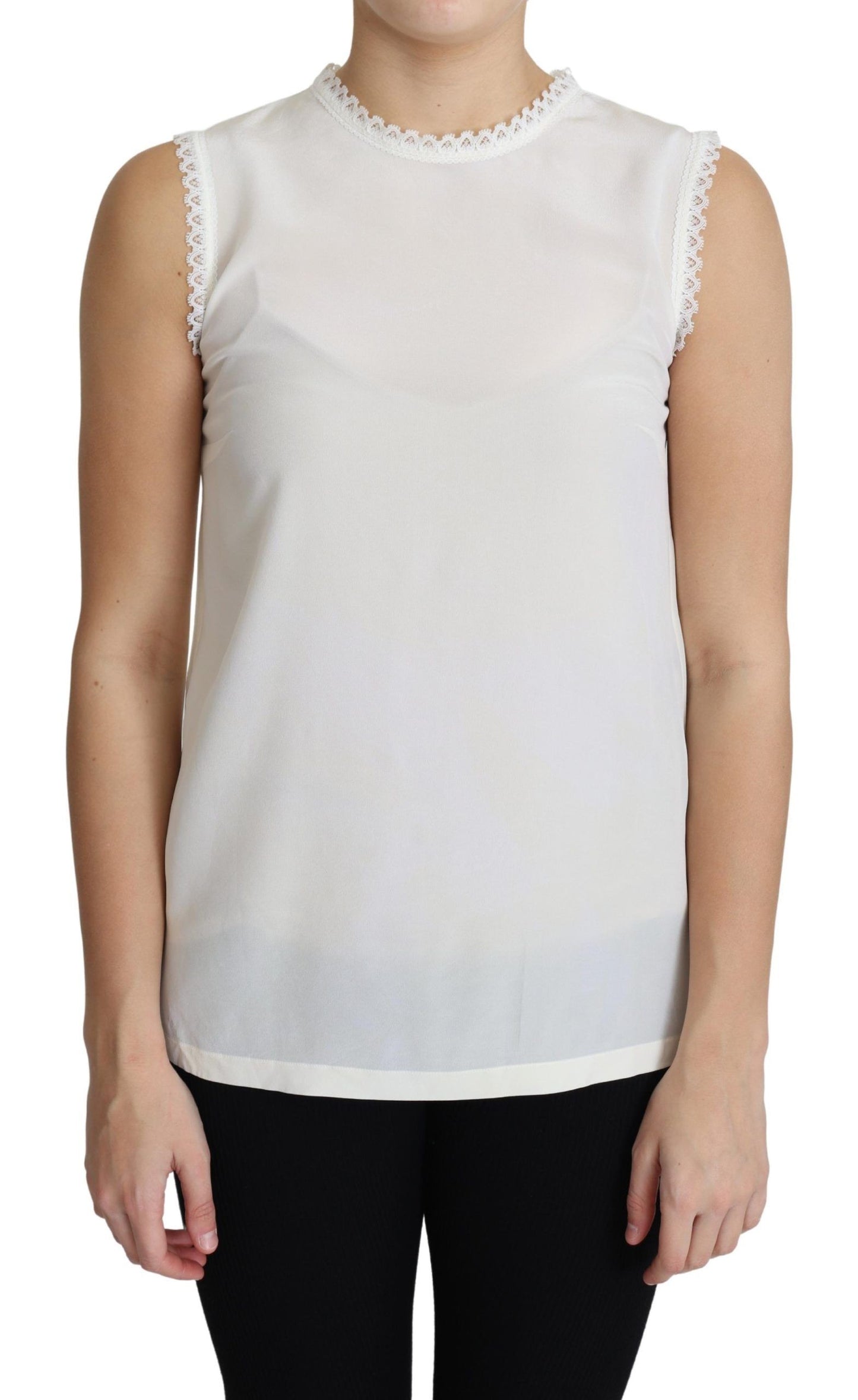 Blusa blanca sin mangas con ribete de encaje de seda
