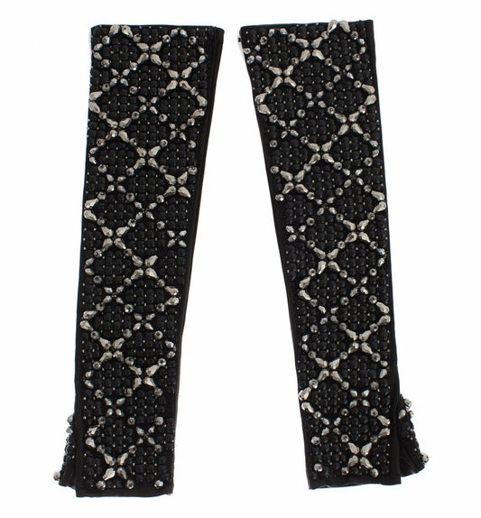 Guantes de cuero negro con cuentas de cristal y dedos libres