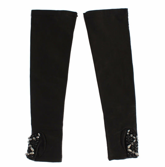 Guantes de cuero negro con cuentas de cristal y dedos libres