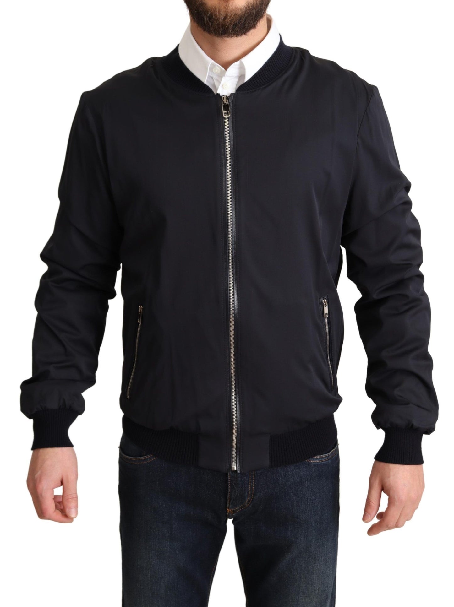 Chaqueta bomber corta de seda azul para hombre