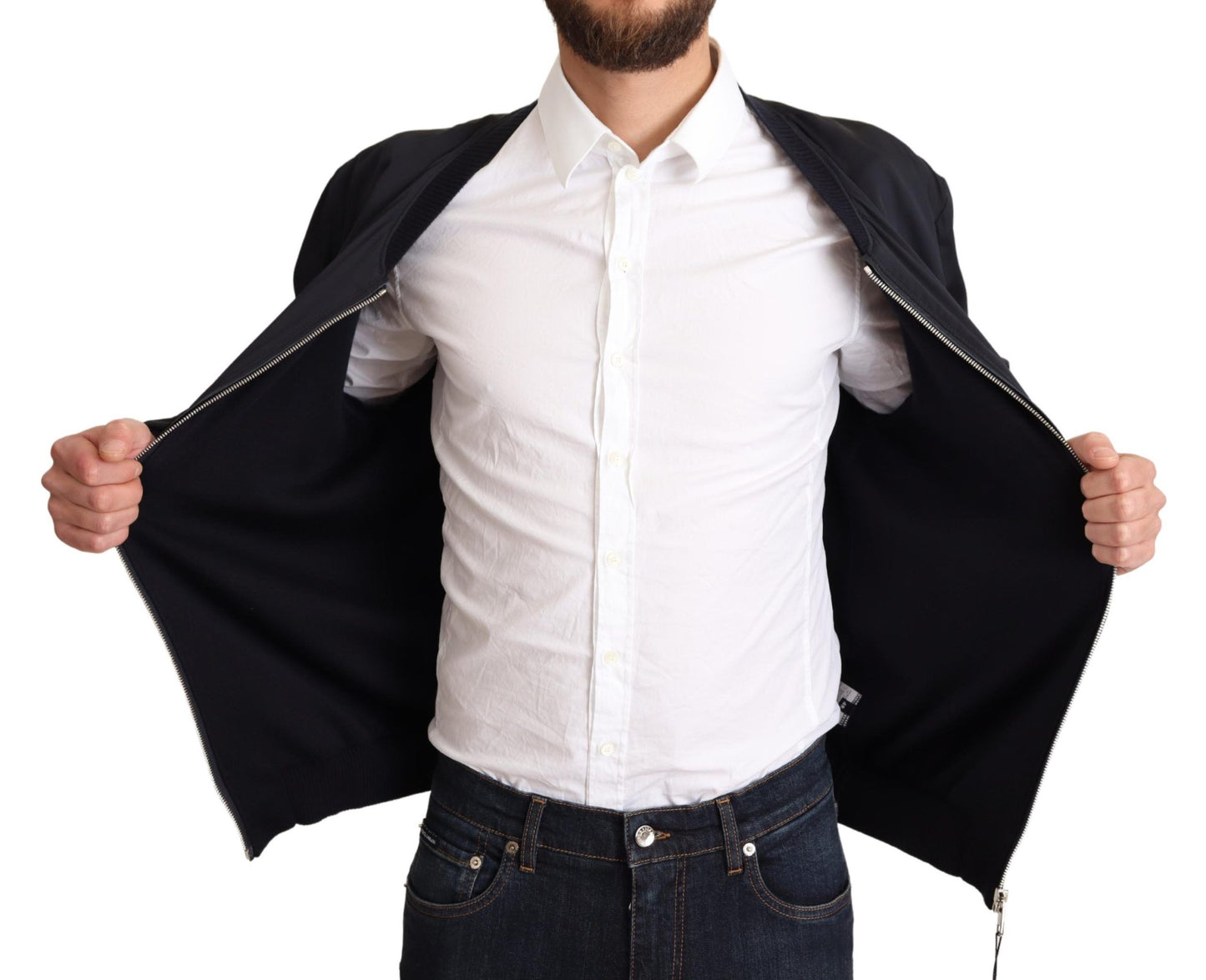 Chaqueta bomber corta de seda azul para hombre