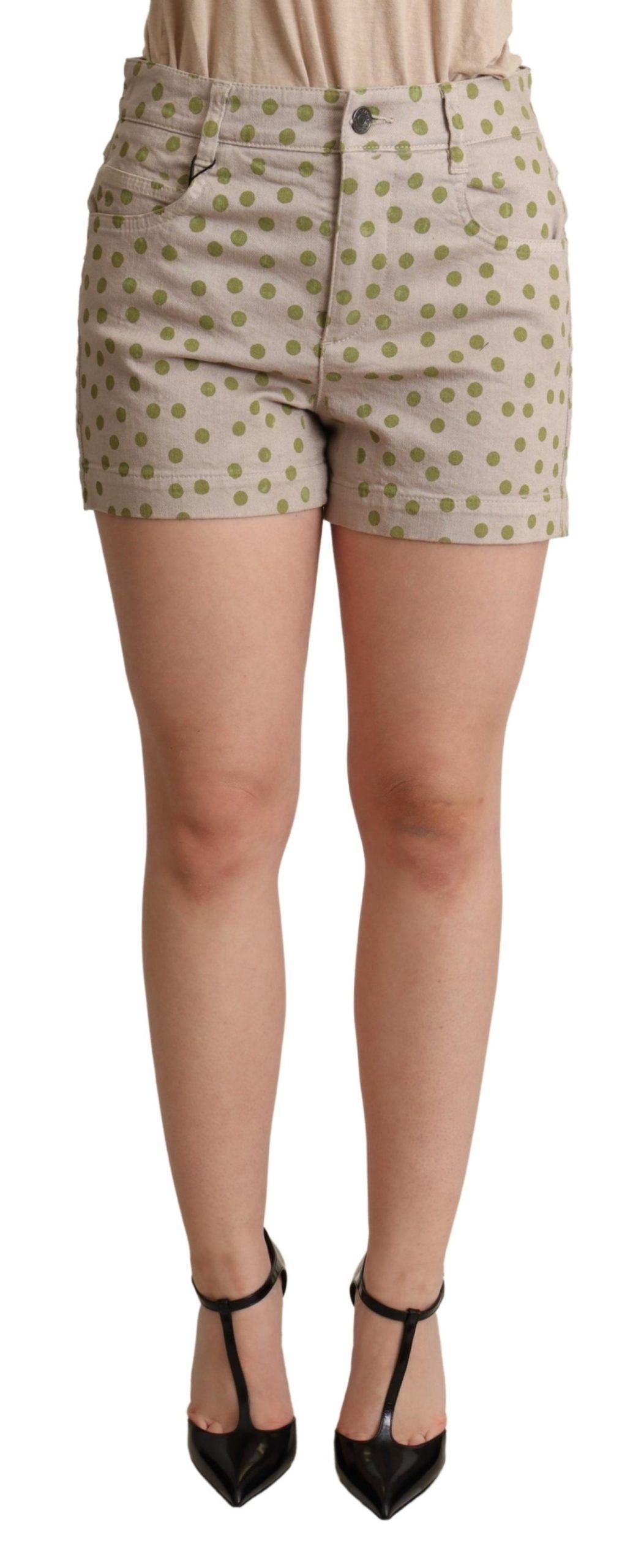 Short en denim extensible à pois beiges