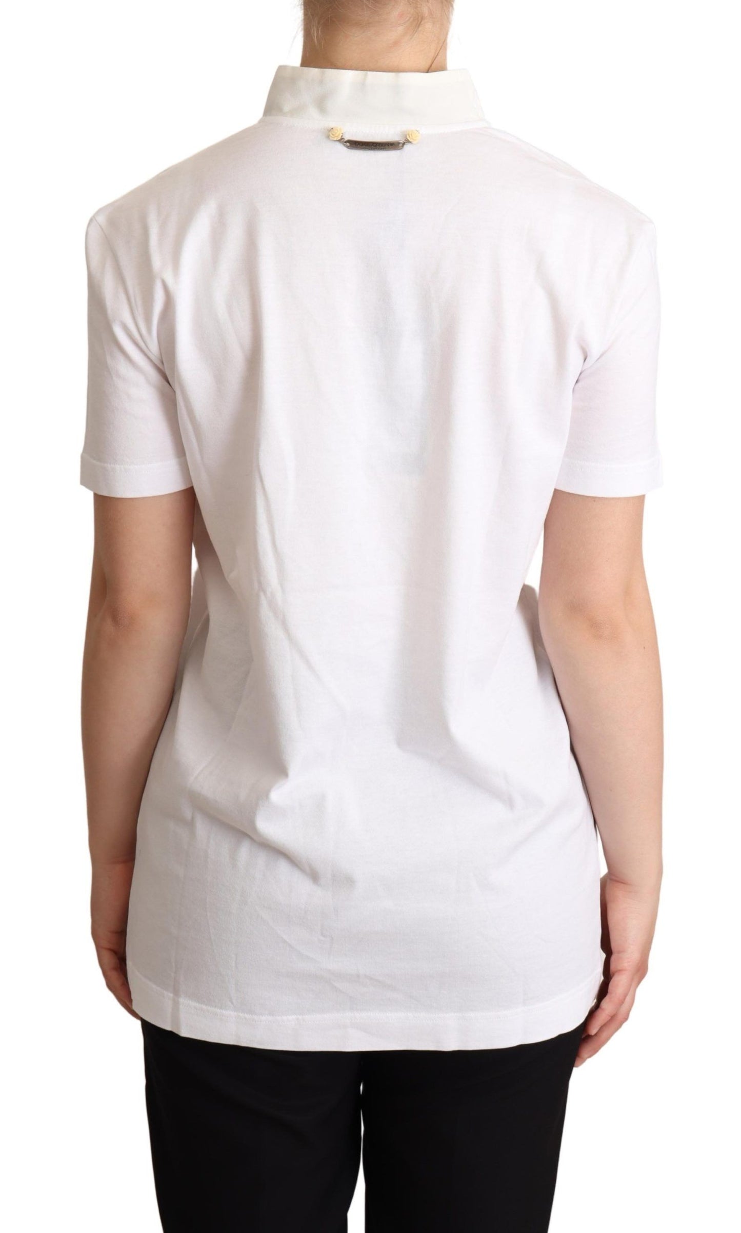 Camiseta blanca de mezcla de algodón y seda con cuello Ascot