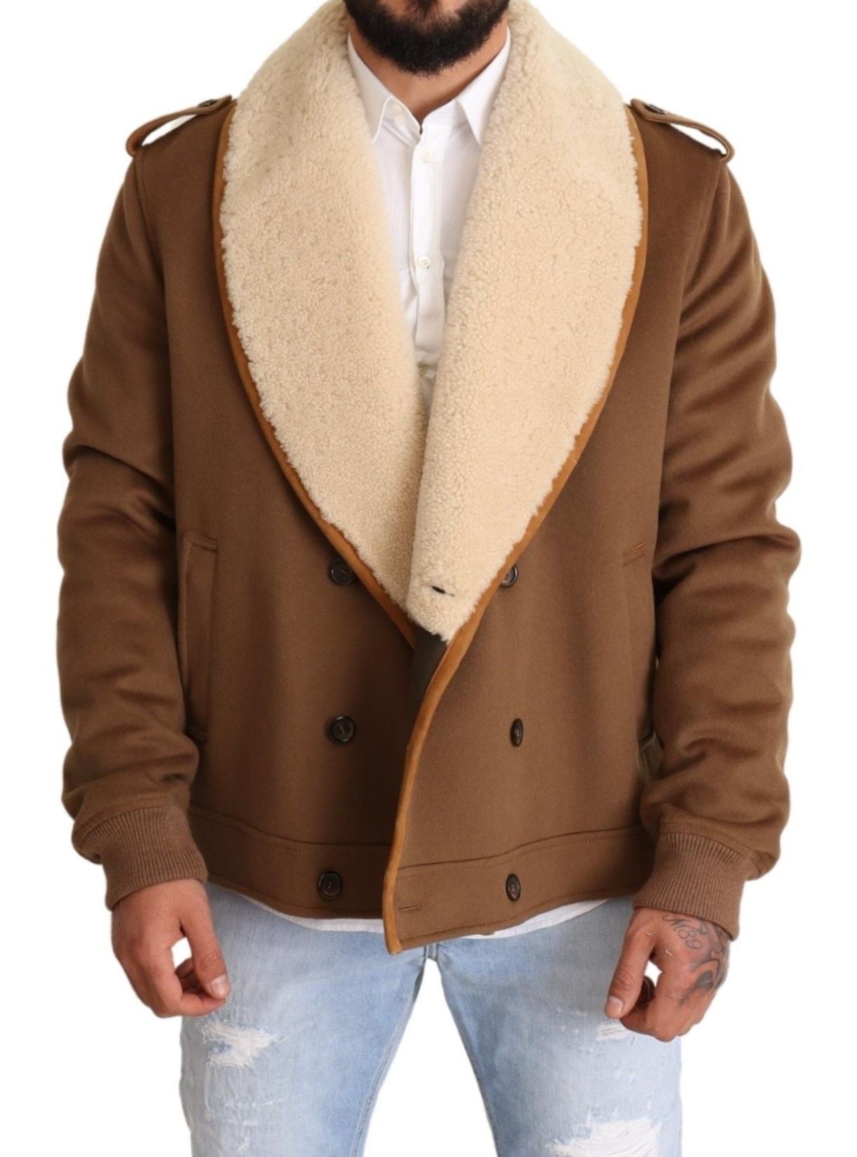 Chaqueta de piel de oveja cruzada marrón