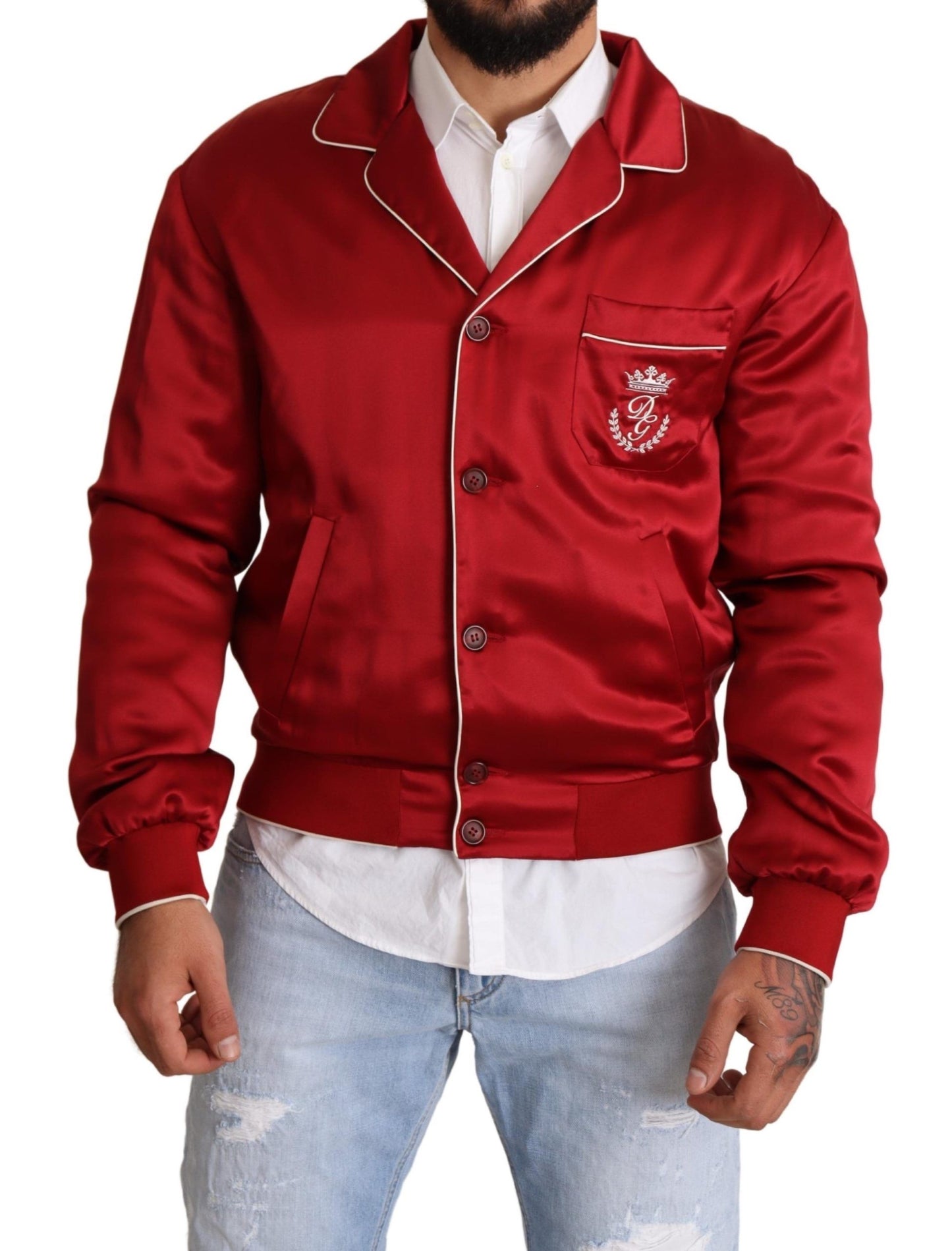 Chaqueta bomber con botones de seda roja y logotipo DG