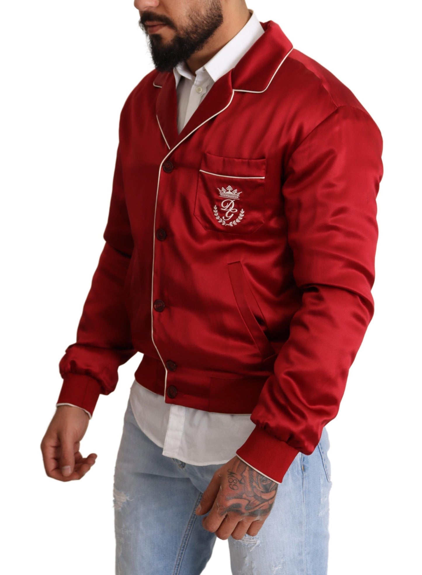 Chaqueta bomber con botones de seda roja y logotipo DG
