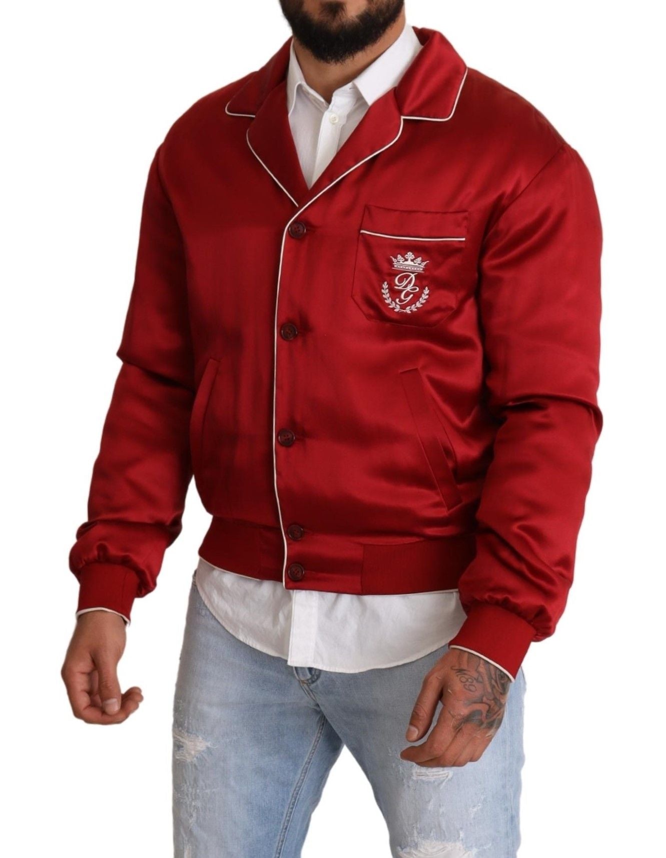 Chaqueta bomber con botones de seda roja y logotipo DG