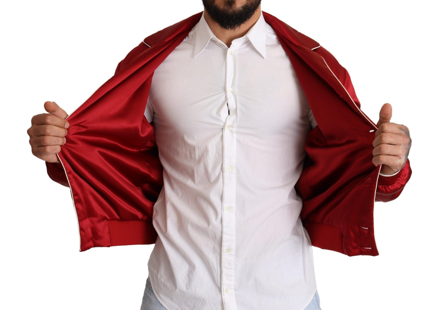 Chaqueta bomber con botones de seda roja y logotipo DG