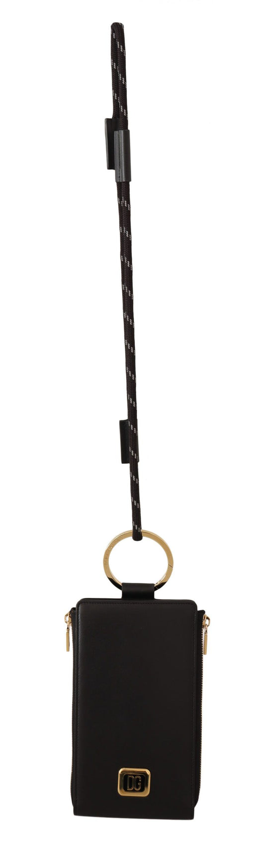 Cartera para tarjetas y monedas con correa para el cuello y placa con logotipo de cuero negro
