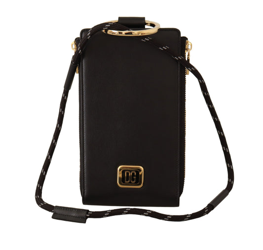 Cartera para tarjetas y monedas con correa para el cuello y placa con logotipo de cuero negro
