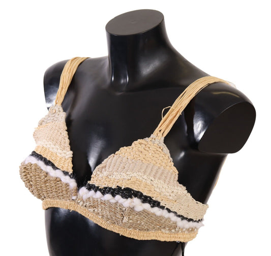 Top de crochet tejido de rafia de paja beige