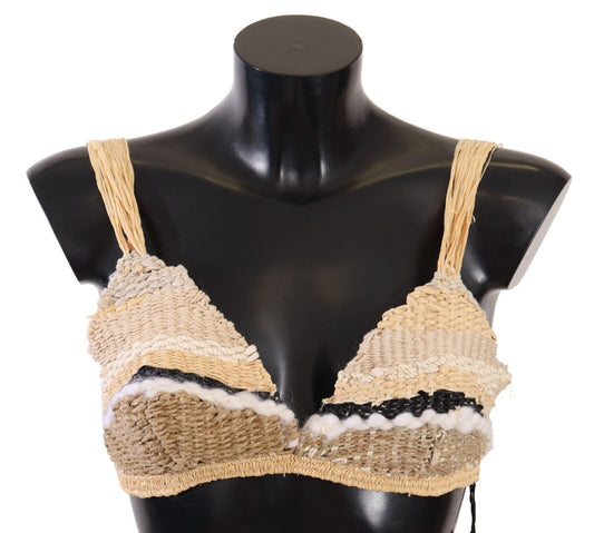Top de crochet tejido de rafia de paja beige