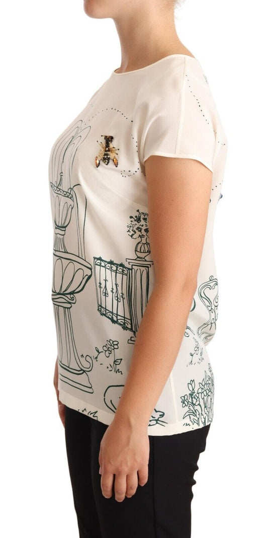 Blusa tipo camiseta de seda blanca con diseño de fuente de jardín