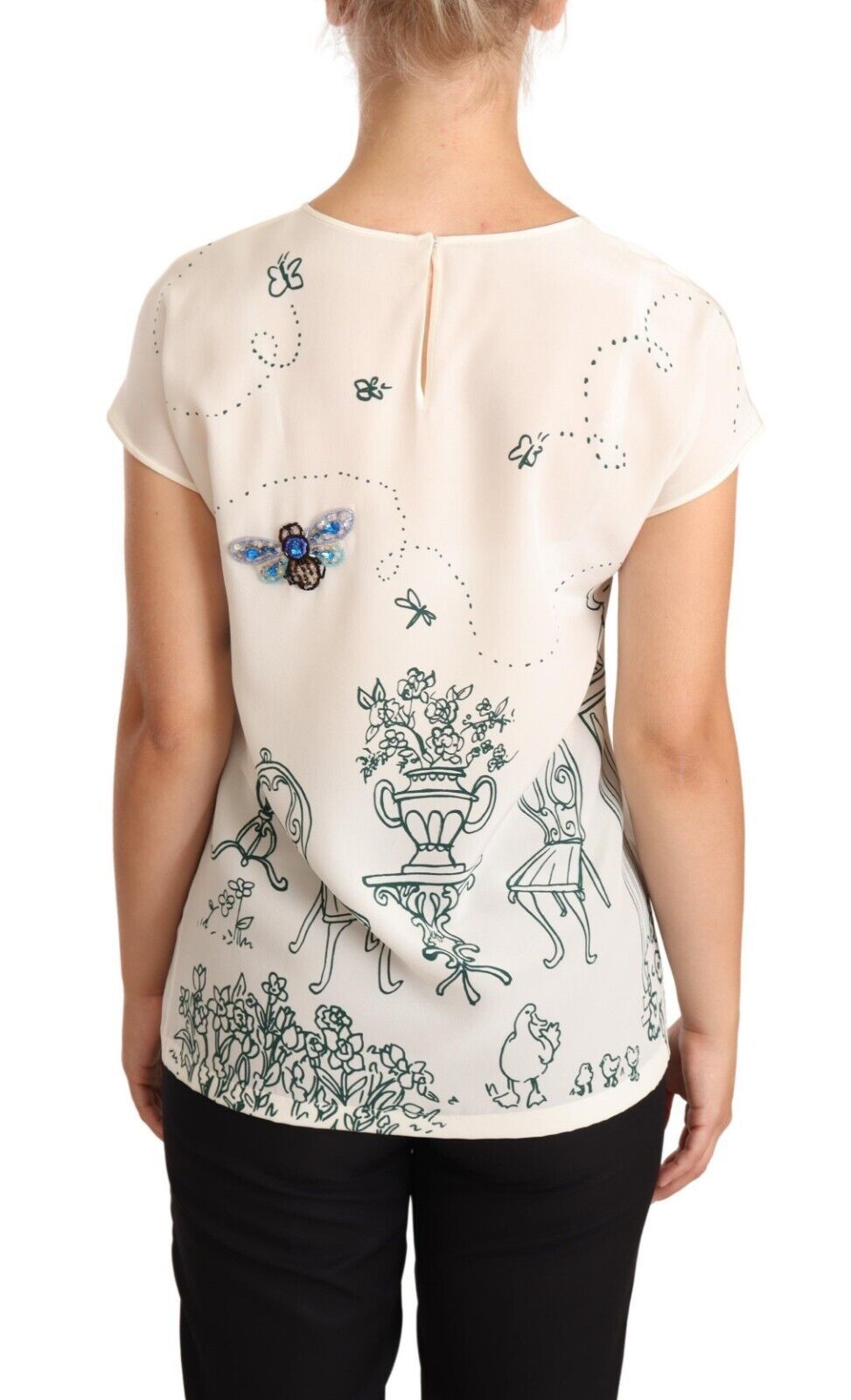 Blusa tipo camiseta de seda blanca con diseño de fuente de jardín