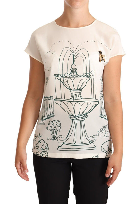 Blusa tipo camiseta de seda blanca con diseño de fuente de jardín