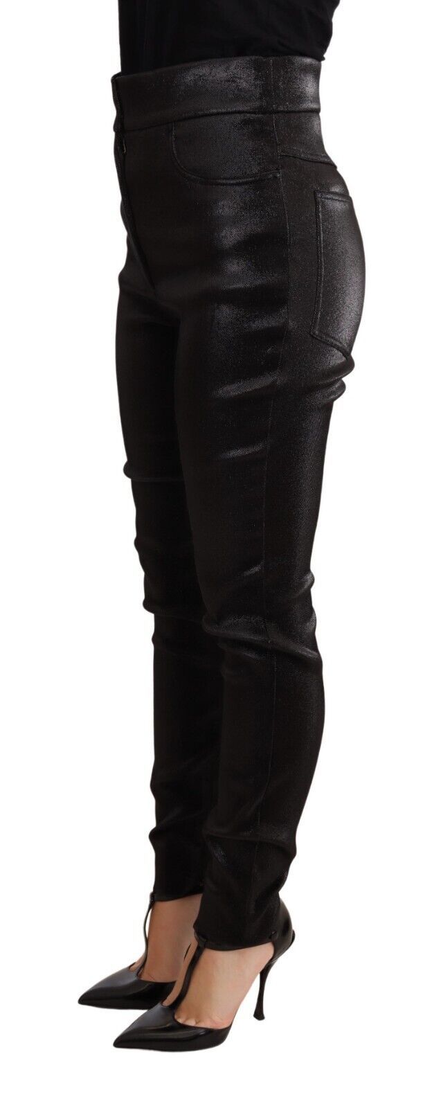 Pantalon en coton extensible noir et argent avec fil lurex