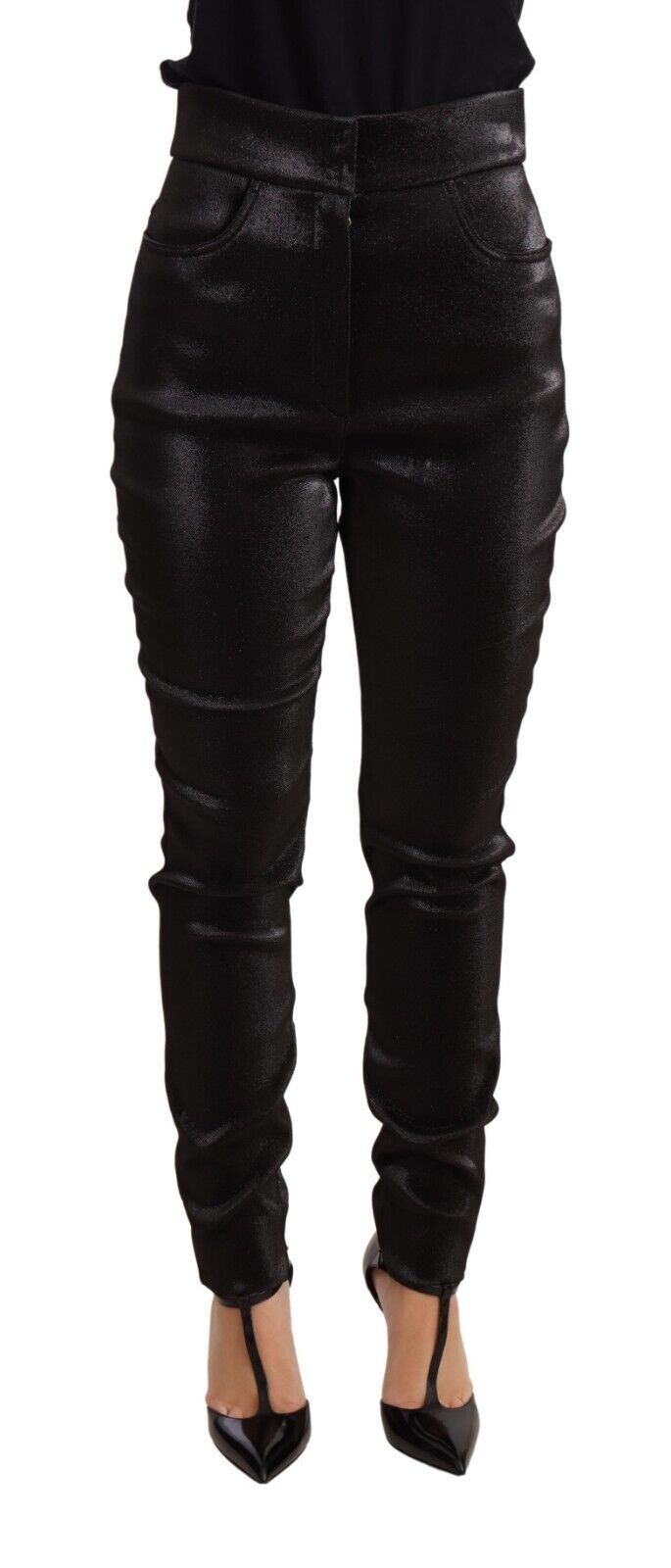Pantalon en coton extensible noir et argent avec fil lurex